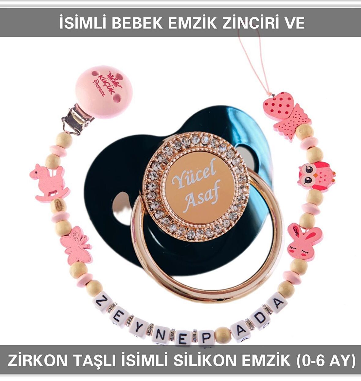 Sahi Aksesuar İsimli Emzik Zinciri ve İsimli Silikon Emzik (0-6 Ay) BEZYI513