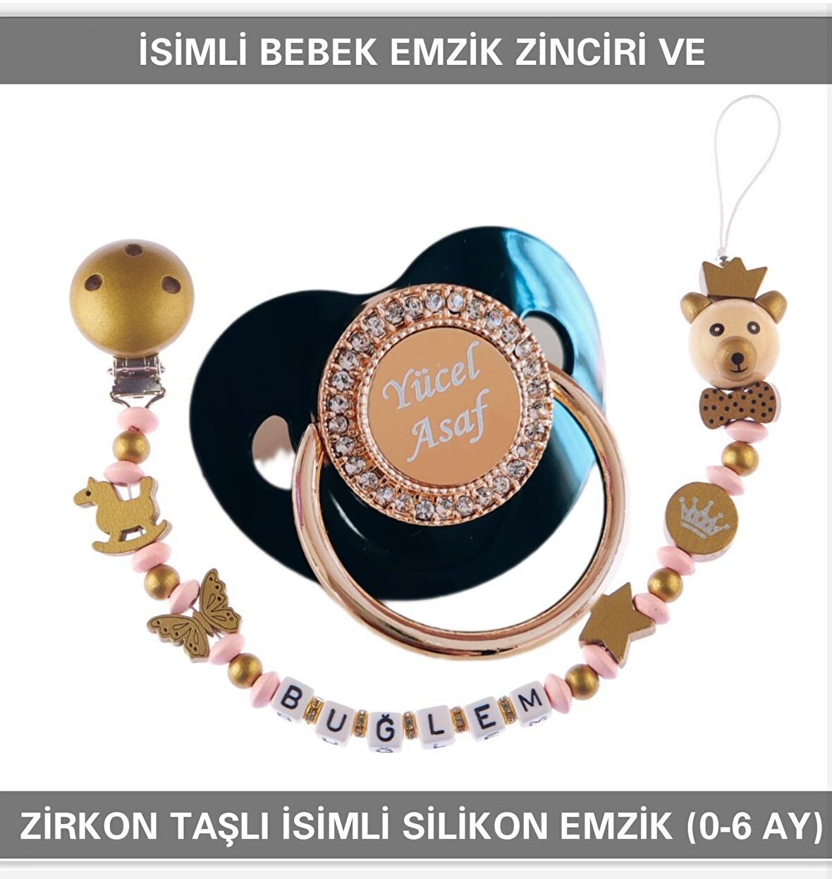 Sahi Aksesuar İsimli Emzik Zinciri ve İsimli Silikon Emzik (0-6 Ay) BEZYI519
