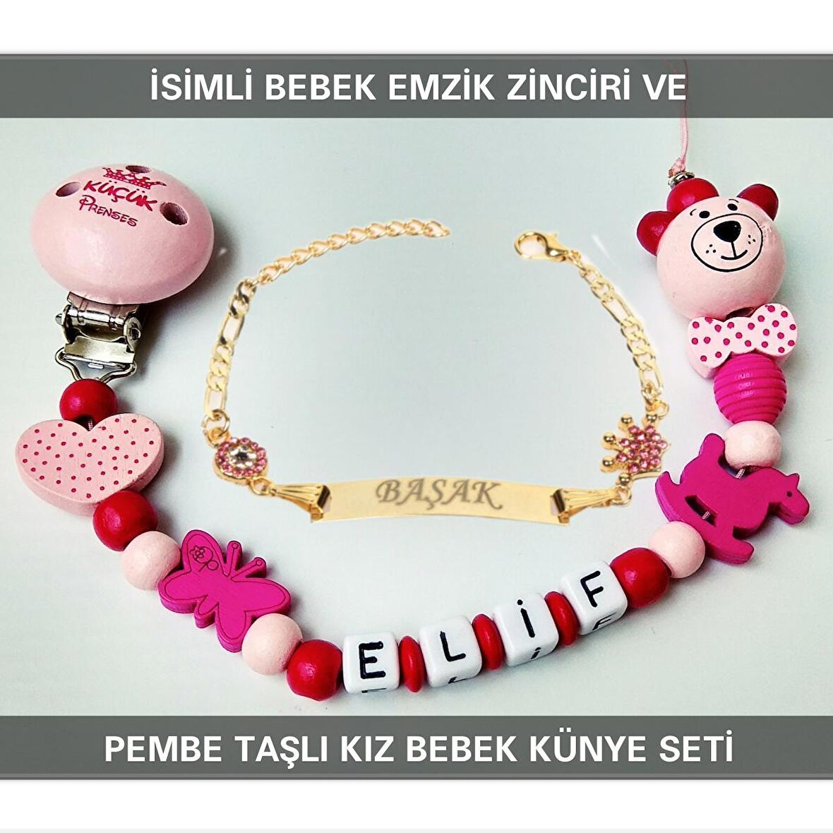 Sahi Aksesuar İsimli Bebek Emzik Zinciri ve İsimli Bebek Künye Seti BEZYI544