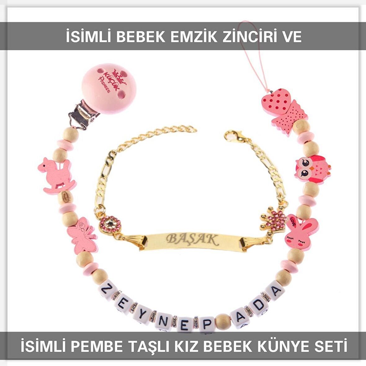 Sahi Aksesuar İsimli Bebek Emzik Zinciri ve İsimli Bebek Künye Seti BEZYI555