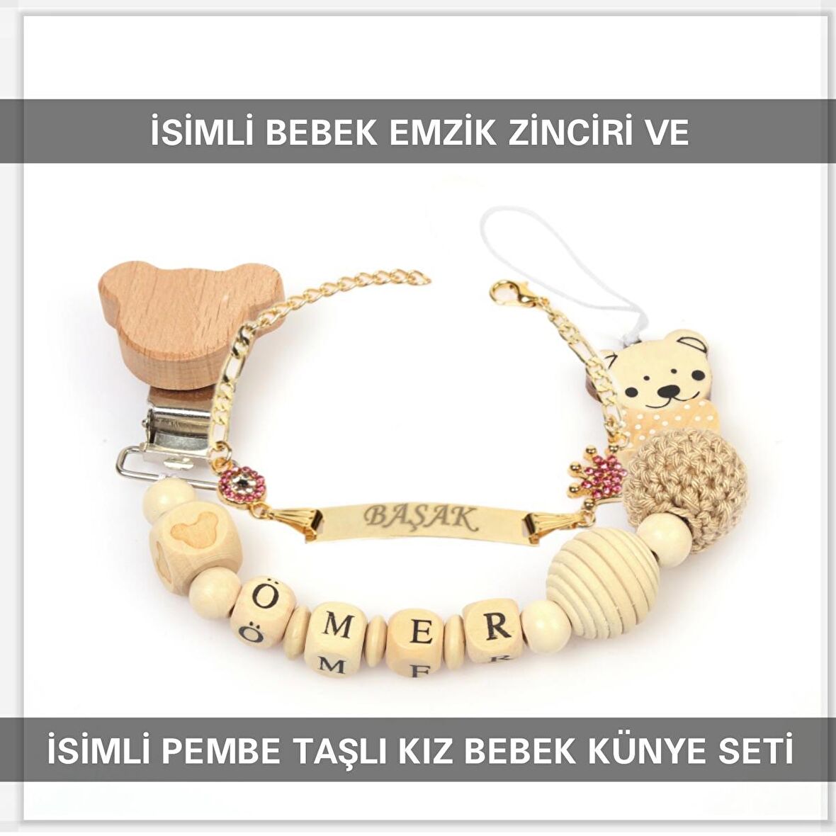 Sahi Aksesuar İsimli Bebek Emzik Zinciri ve İsimli Bebek Künye Seti BEZYI565
