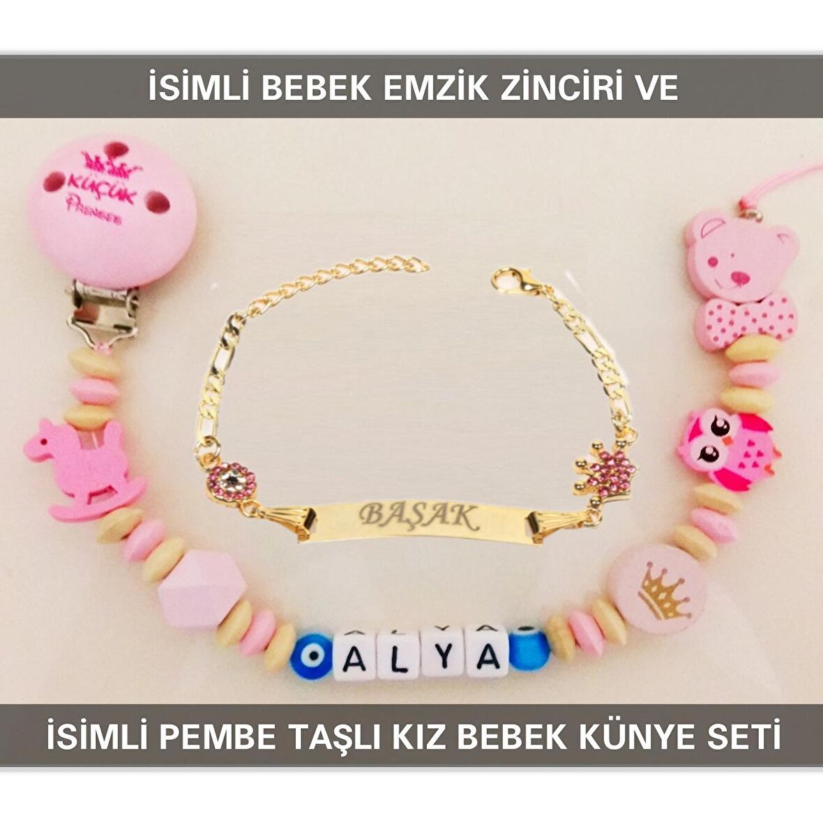 Sahi Aksesuar İsimli Bebek Emzik Zinciri ve İsimli Bebek Künye Seti BEZYI566