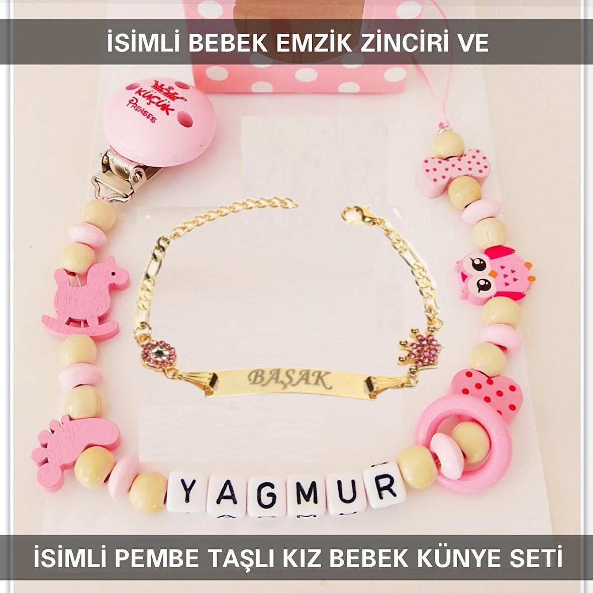 Sahi Aksesuar İsimli Bebek Emzik Zinciri ve İsimli Bebek Künye Seti BEZYI567