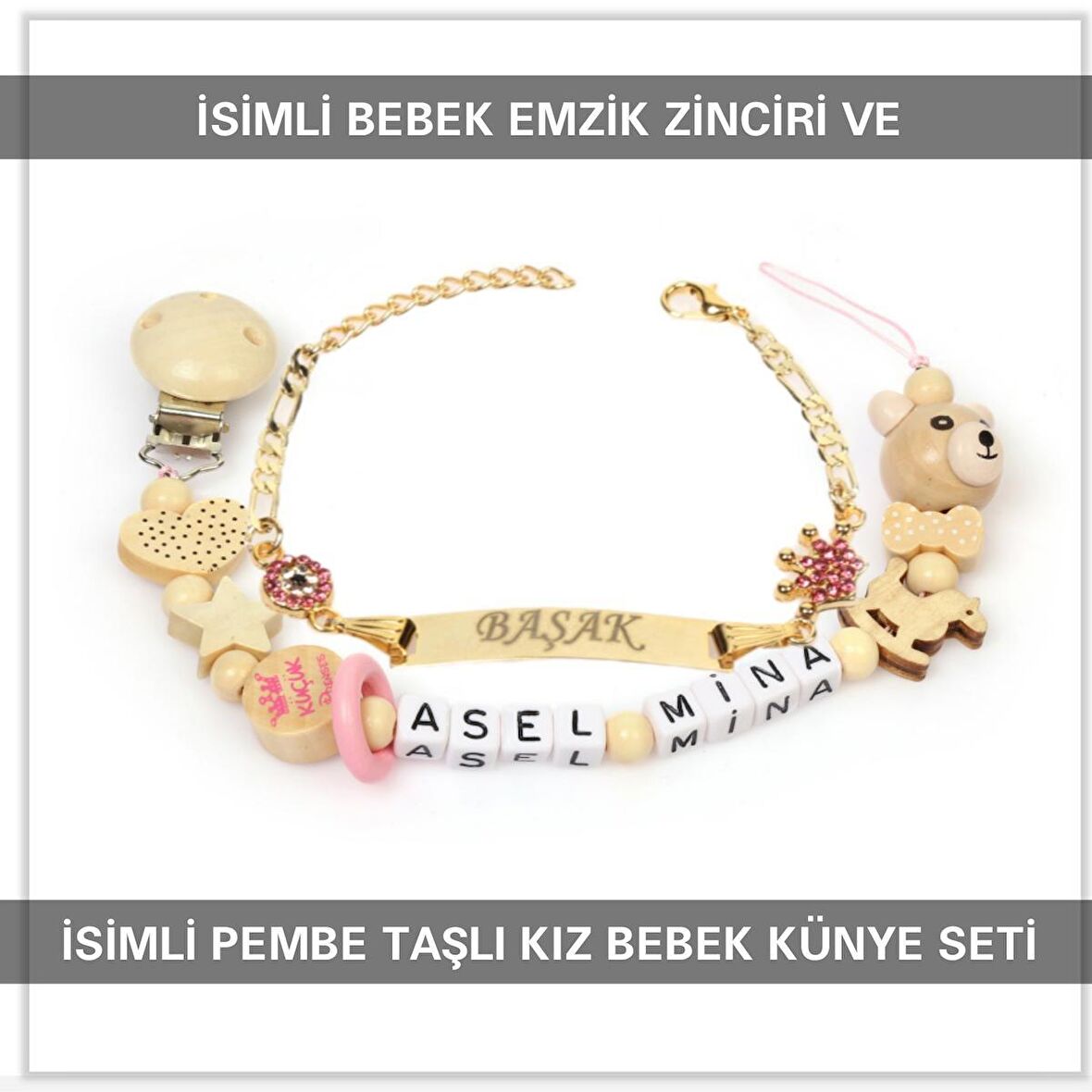 Sahi Aksesuar İsimli Bebek Emzik Zinciri ve İsimli Bebek Künye Seti BEZYI570