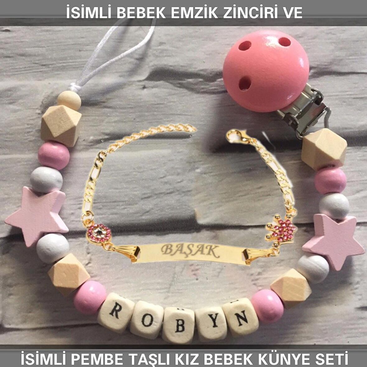 Sahi Aksesuar İsimli Bebek Emzik Zinciri ve İsimli Bebek Künye Seti BEZYI574