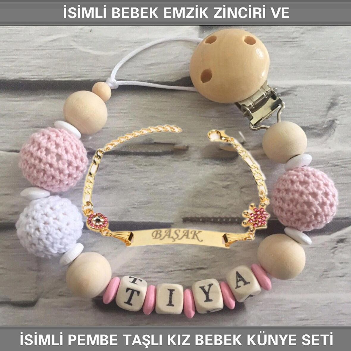 Sahi Aksesuar İsimli Bebek Emzik Zinciri ve İsimli Bebek Künye Seti BEZYI584
