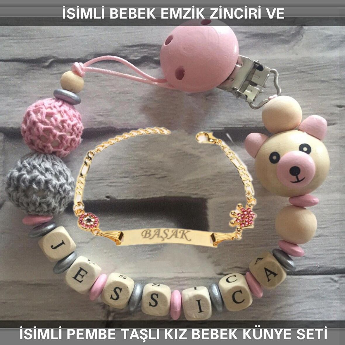 Sahi Aksesuar İsimli Bebek Emzik Zinciri ve İsimli Bebek Künye Seti BEZYI586