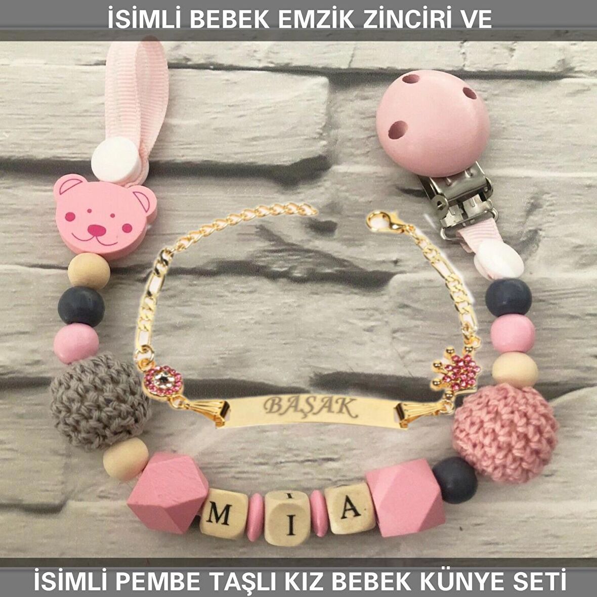 Sahi Aksesuar İsimli Bebek Emzik Zinciri ve İsimli Bebek Künye Seti BEZYI588