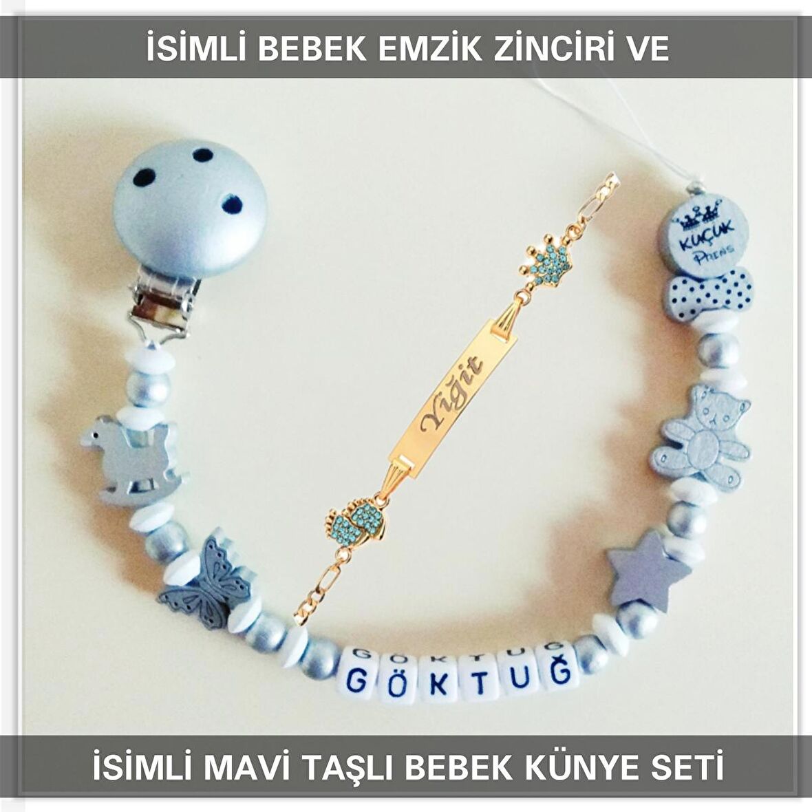 Sahi Aksesuar İsimli Bebek Emzik Zinciri ve İsimli Bebek Künye Seti BEZYI599