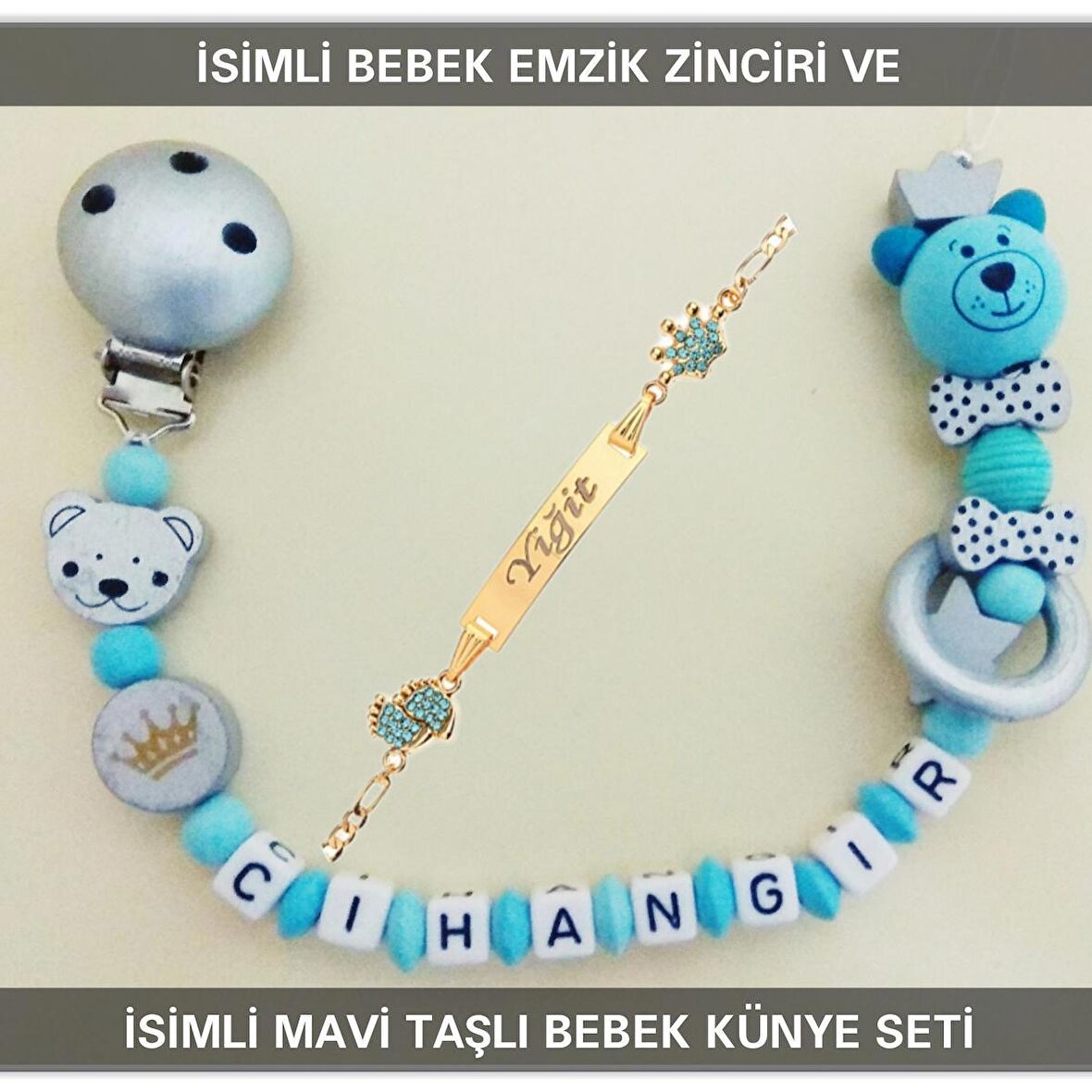 Sahi Aksesuar İsimli Bebek Emzik Zinciri ve İsimli Bebek Künye Seti BEZYI600