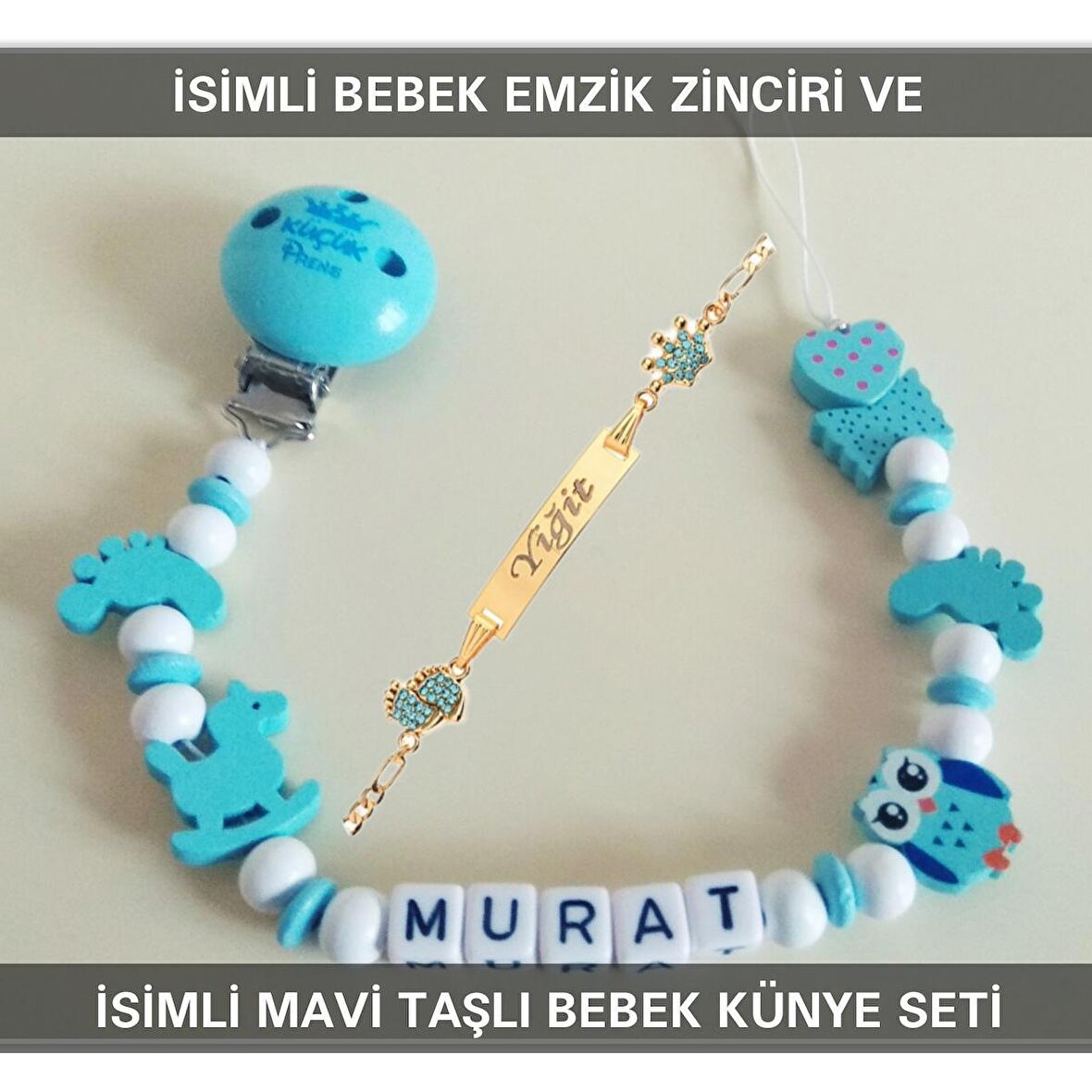Sahi Aksesuar İsimli Bebek Emzik Zinciri ve İsimli Bebek Künye Seti BEZYI609