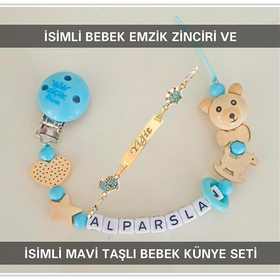Sahi Aksesuar İsimli Bebek Emzik Zinciri ve İsimli Bebek Künye Seti BEZYI631