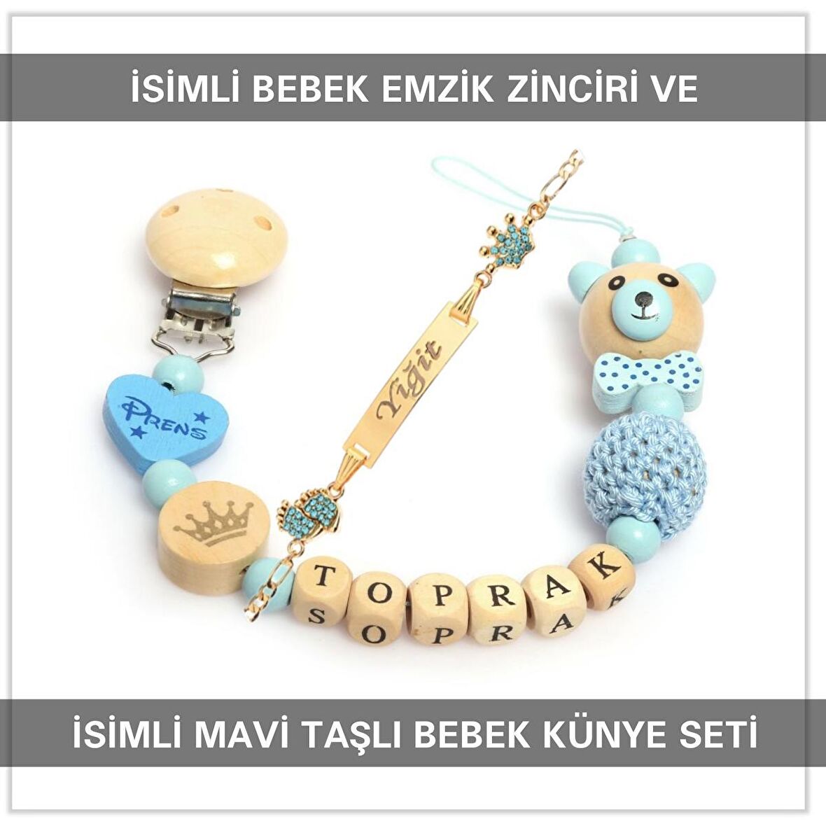 Sahi Aksesuar İsimli Bebek Emzik Zinciri ve İsimli Bebek Künye Seti BEZYI635
