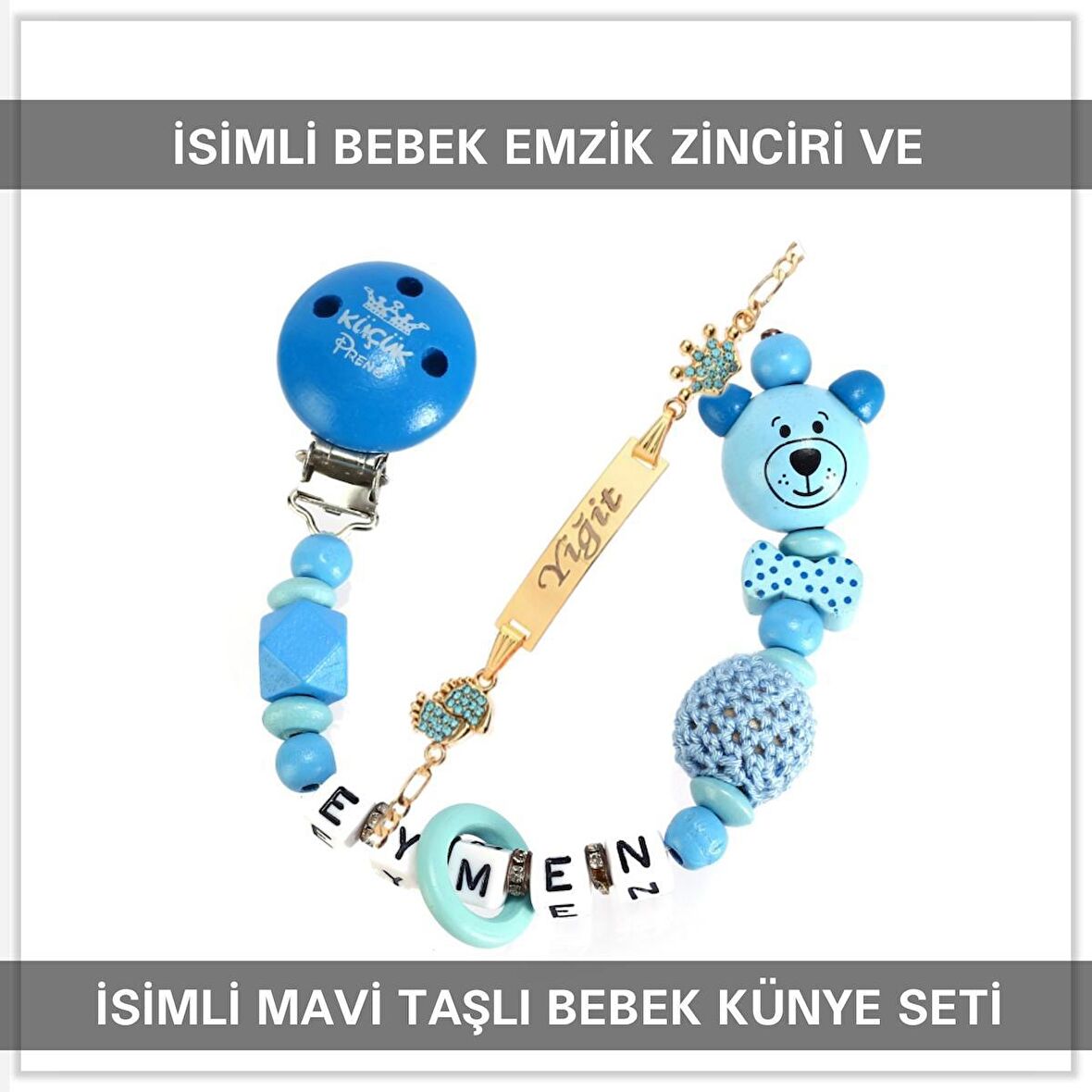 Sahi Aksesuar İsimli Bebek Emzik Zinciri ve İsimli Bebek Künye Seti BEZYI637
