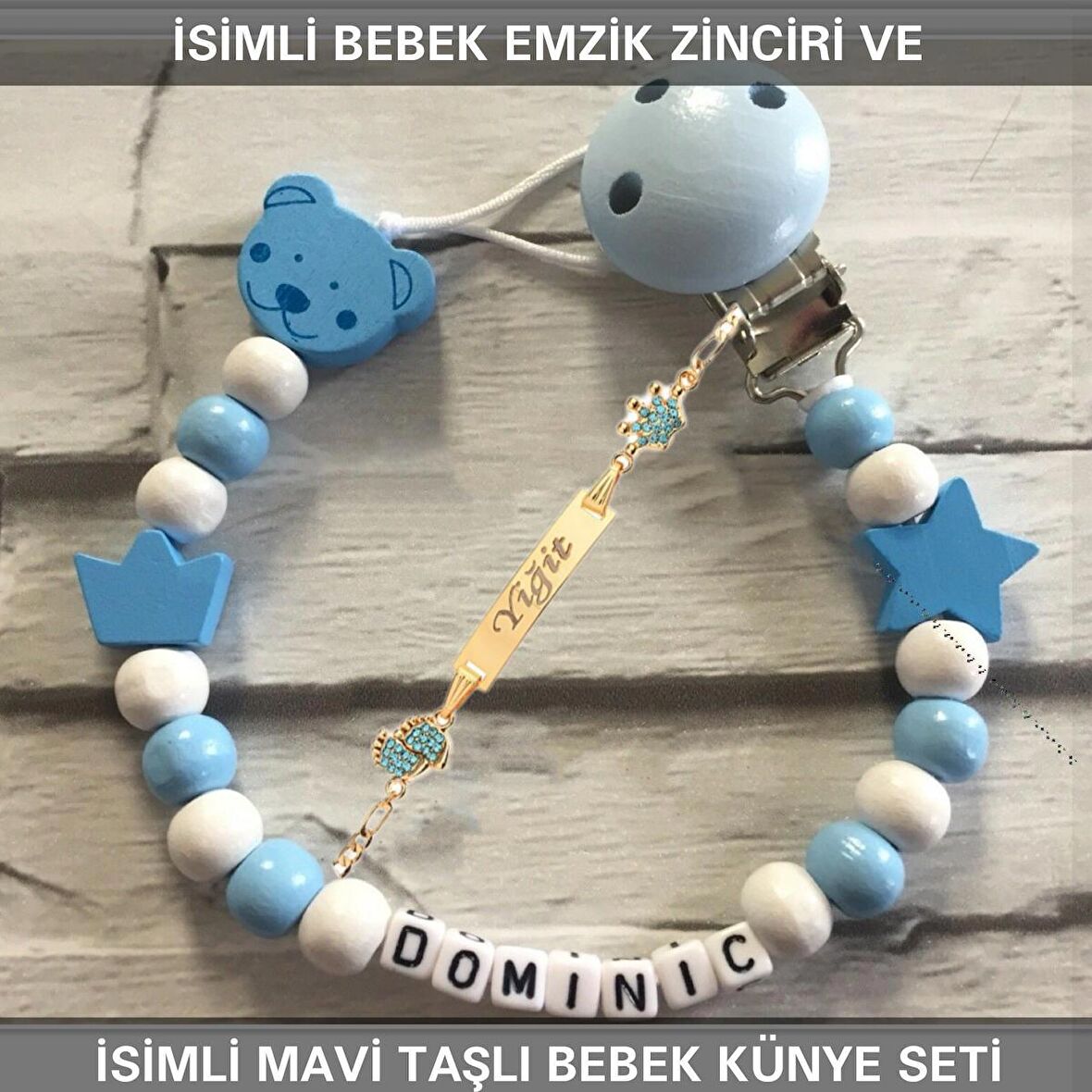 Sahi Aksesuar İsimli Bebek Emzik Zinciri ve İsimli Bebek Künye Seti BEZYI645
