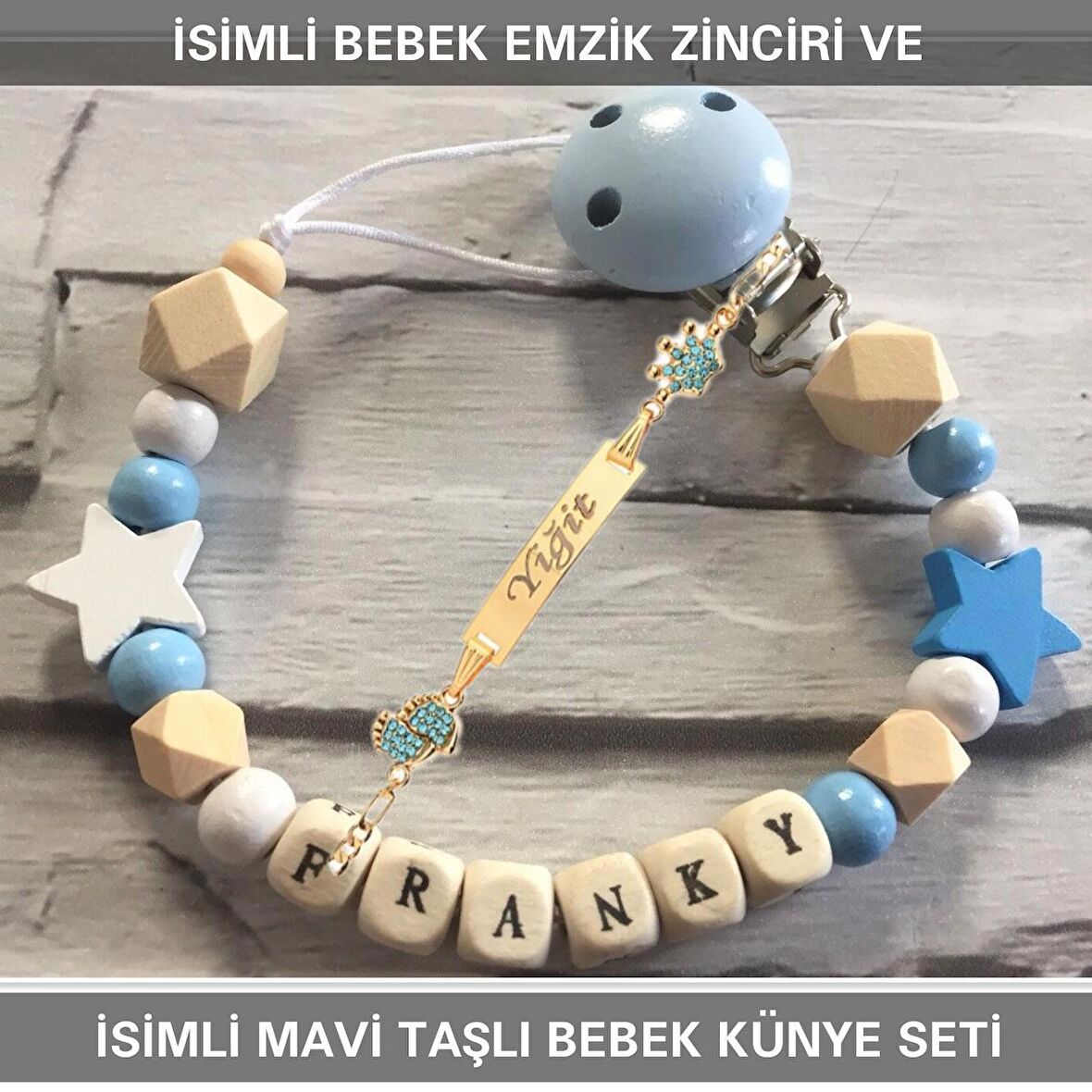 Sahi Aksesuar İsimli Bebek Emzik Zinciri ve İsimli Bebek Künye Seti BEZYI648