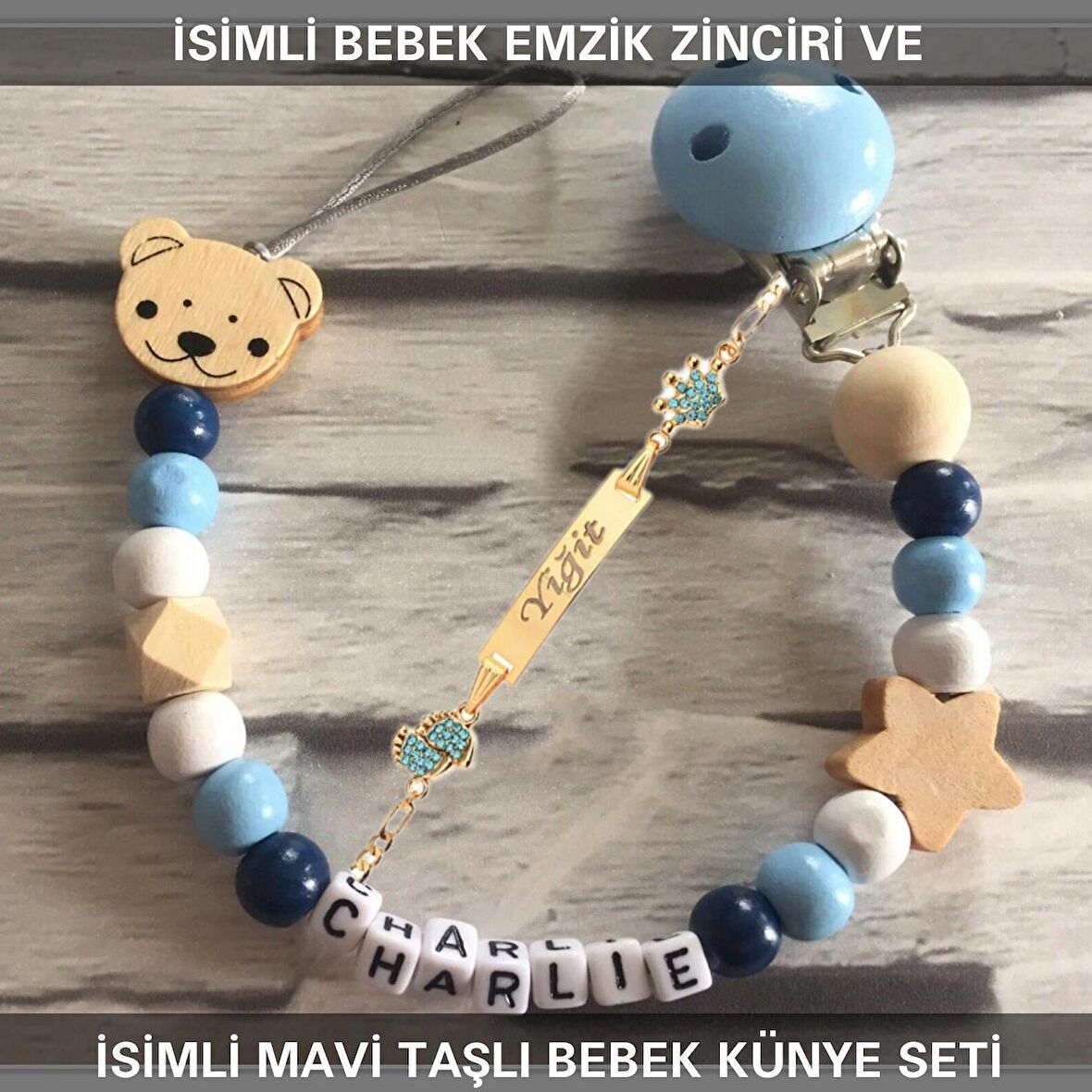 Sahi Aksesuar İsimli Bebek Emzik Zinciri ve İsimli Bebek Künye Seti BEZYI652