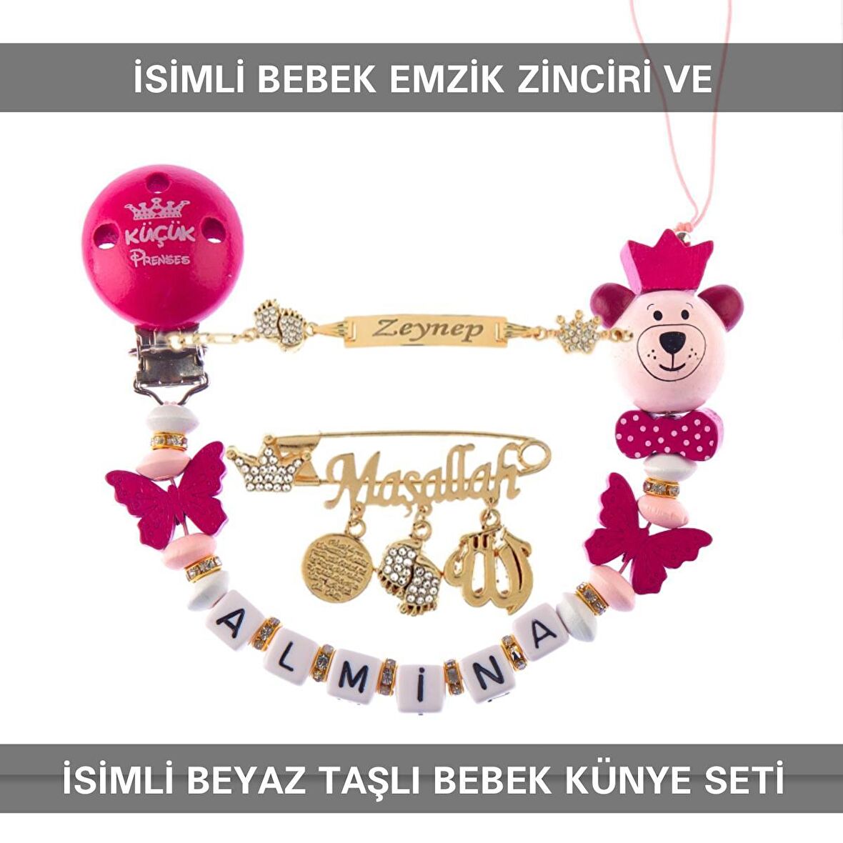 Sahi Aksesuar İsimli Bebek Emzik Zinciri ve İsimli Bebek Künye Seti BEZYI676