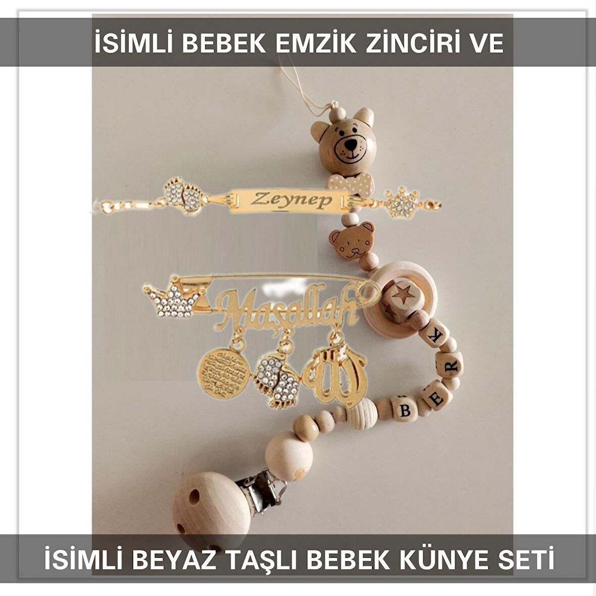 Sahi Aksesuar İsimli Bebek Emzik Zinciri ve İsimli Bebek Künye Seti BEZYI695