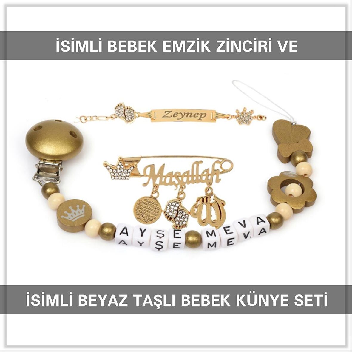 Sahi Aksesuar İsimli Bebek Emzik Zinciri ve İsimli Bebek Künye Seti BEZYI699