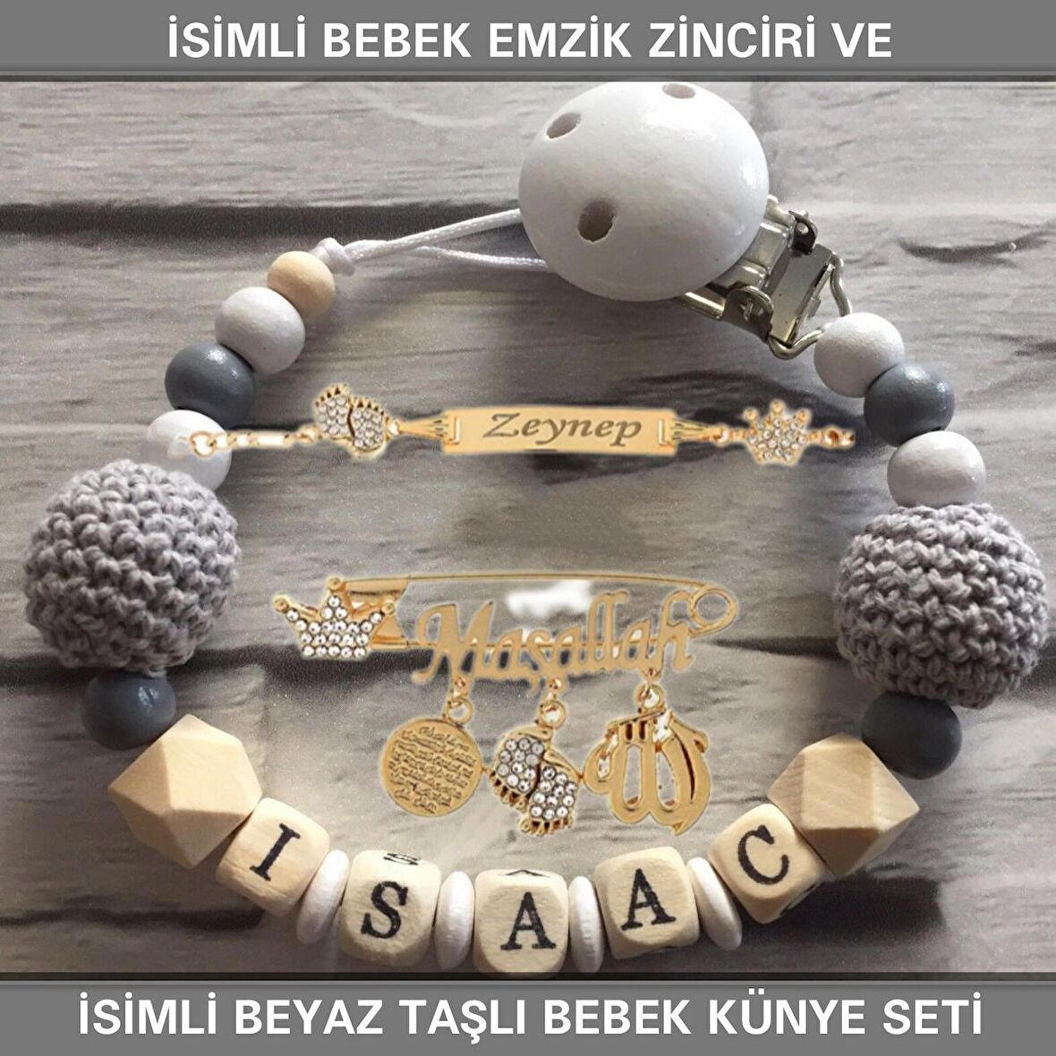 Sahi Aksesuar İsimli Bebek Emzik Zinciri ve İsimli Bebek Künye Seti BEZYI705