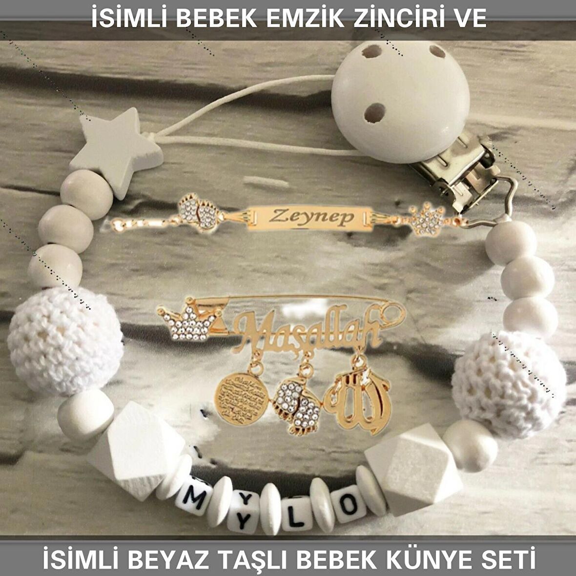 Sahi Aksesuar İsimli Bebek Emzik Zinciri ve İsimli Bebek Künye Seti BEZYI708