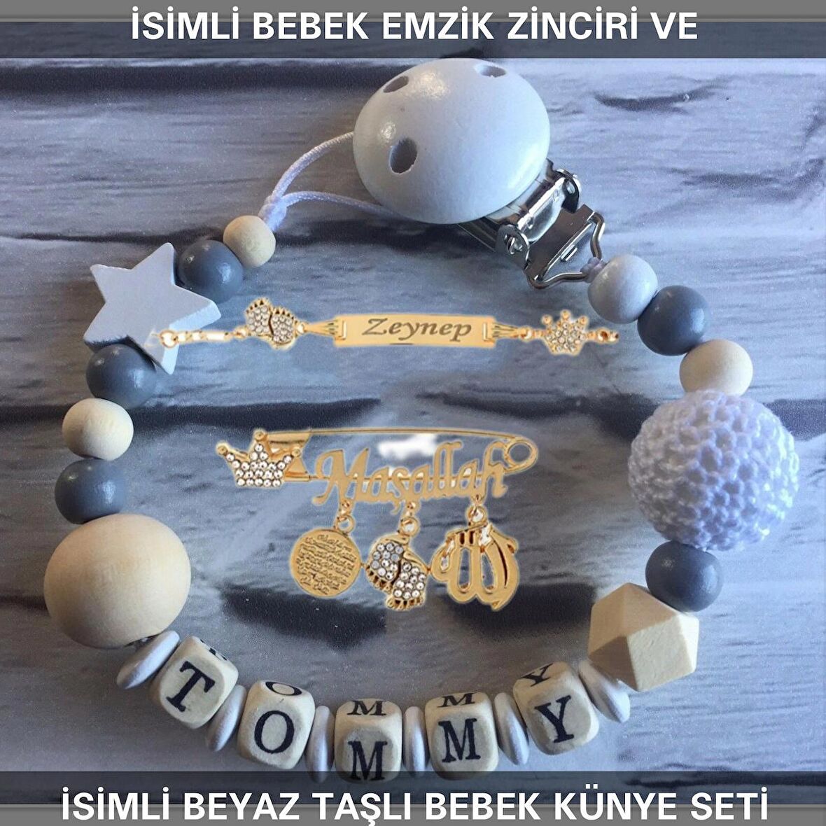 Sahi Aksesuar İsimli Bebek Emzik Zinciri ve İsimli Bebek Künye Seti BEZYI709