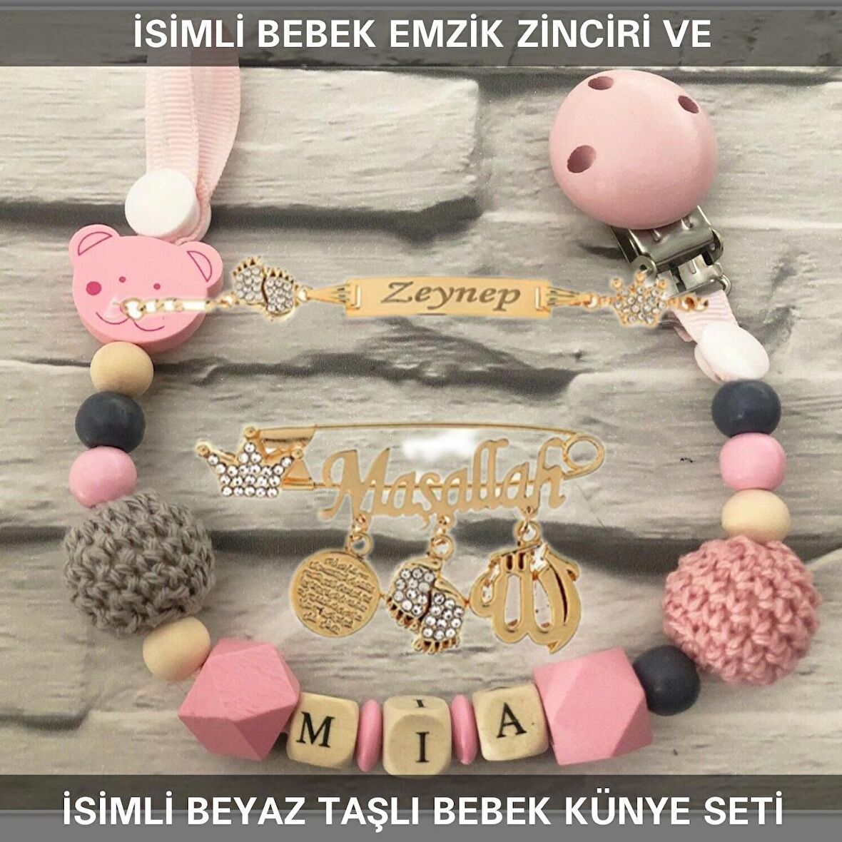 Sahi Aksesuar İsimli Bebek Emzik Zinciri ve İsimli Bebek Künye Seti BEZYI717