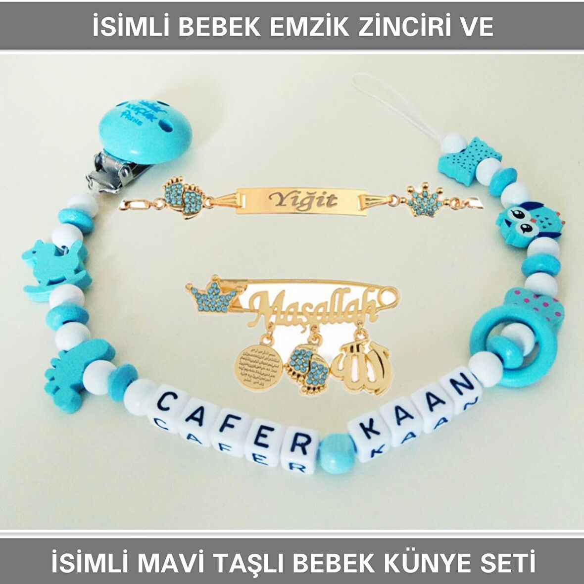 Sahi Aksesuar İsimli Bebek Emzik Zinciri ve İsimli Bebek Künye Seti BEZYI749