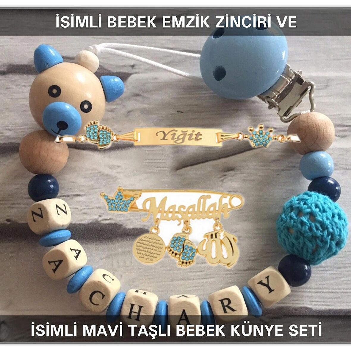Sahi Aksesuar İsimli Bebek Emzik Zinciri ve İsimli Bebek Künye Seti BEZYI773