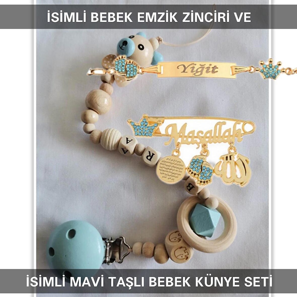 Sahi Aksesuar İsimli Bebek Emzik Zinciri ve İsimli Bebek Künye Seti BEZYI777