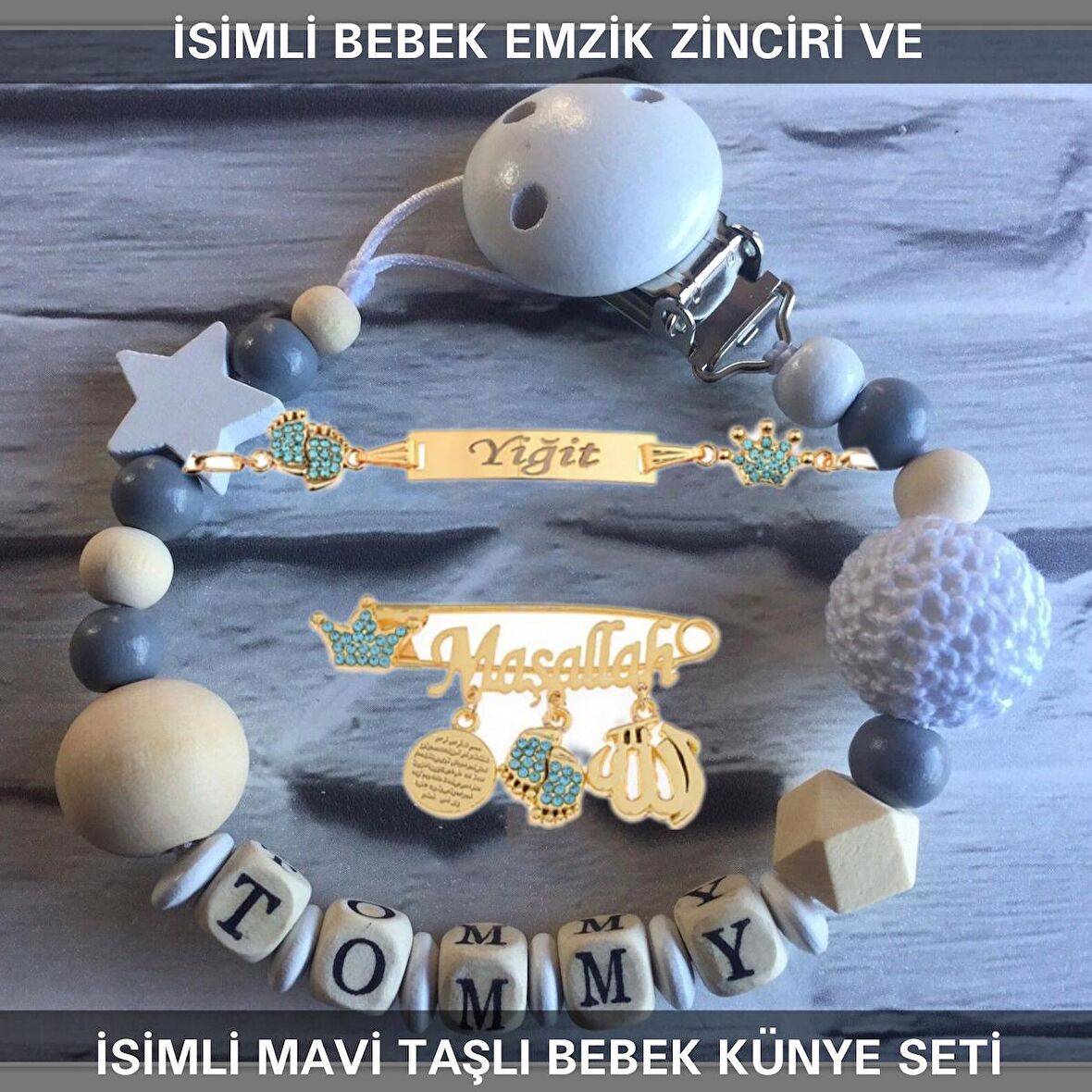 Sahi Aksesuar İsimli Bebek Emzik Zinciri ve İsimli Bebek Künye Seti BEZYI783