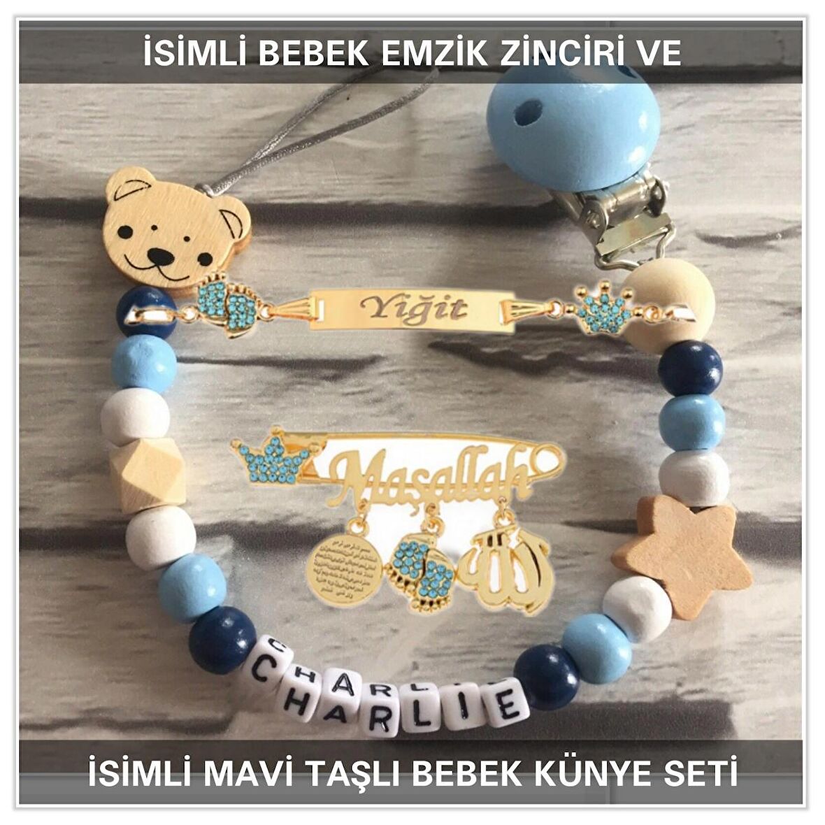 Sahi Aksesuar İsimli Bebek Emzik Zinciri ve İsimli Bebek Künye Seti BEZYI784