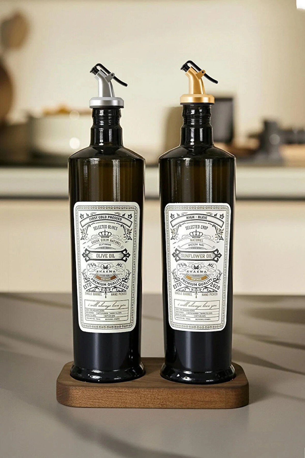 Siyah İtalyan Cam 750 ml 2'li Yağdanlık Seti - Ahşap Standlı -Damlatmaz Kapaklı Zeytinyağı Sıvıyağ