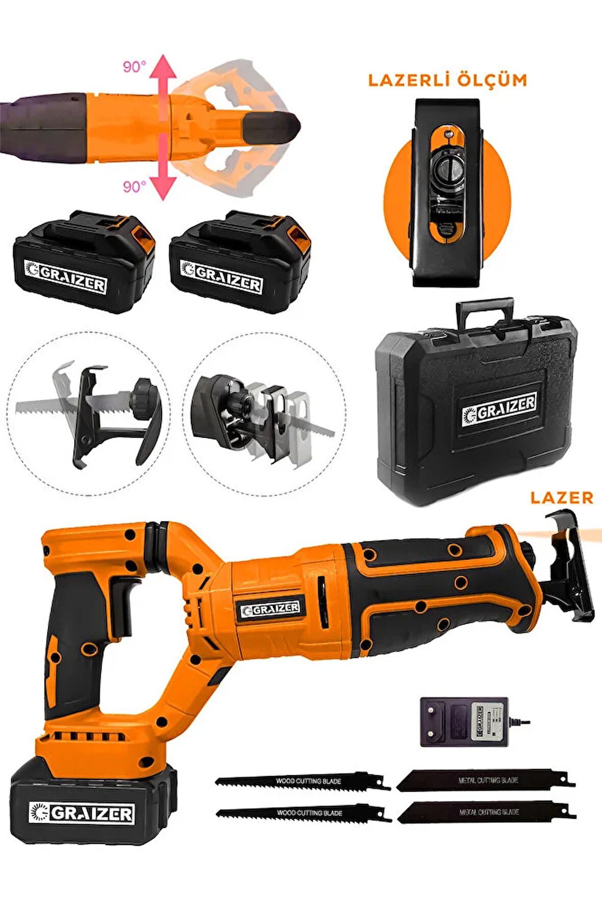 180 Derece Döner Başlıklı Şarjlı Kömürsüz Çelik Şanzıman Kemik Kesme Tilki Kuyruğu Testere Turuncu