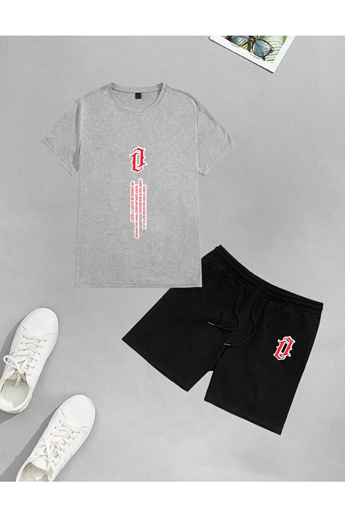 AYMONTANAUnisex Kırmızı Dikey Baskılı Şort-T-shirt takımı