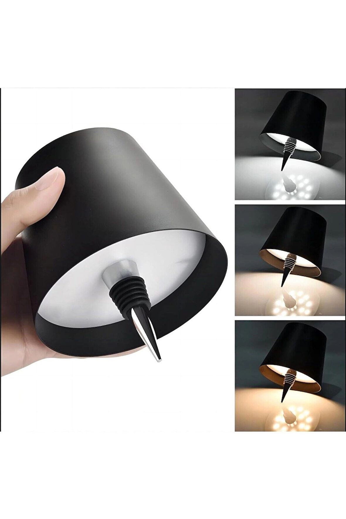 Siyah Renk Pilli Şişe Lambası – Kablosuz Dokunmatik LED Masa Lambası, USB Şarjlı, IP44 Su Geçirmez,