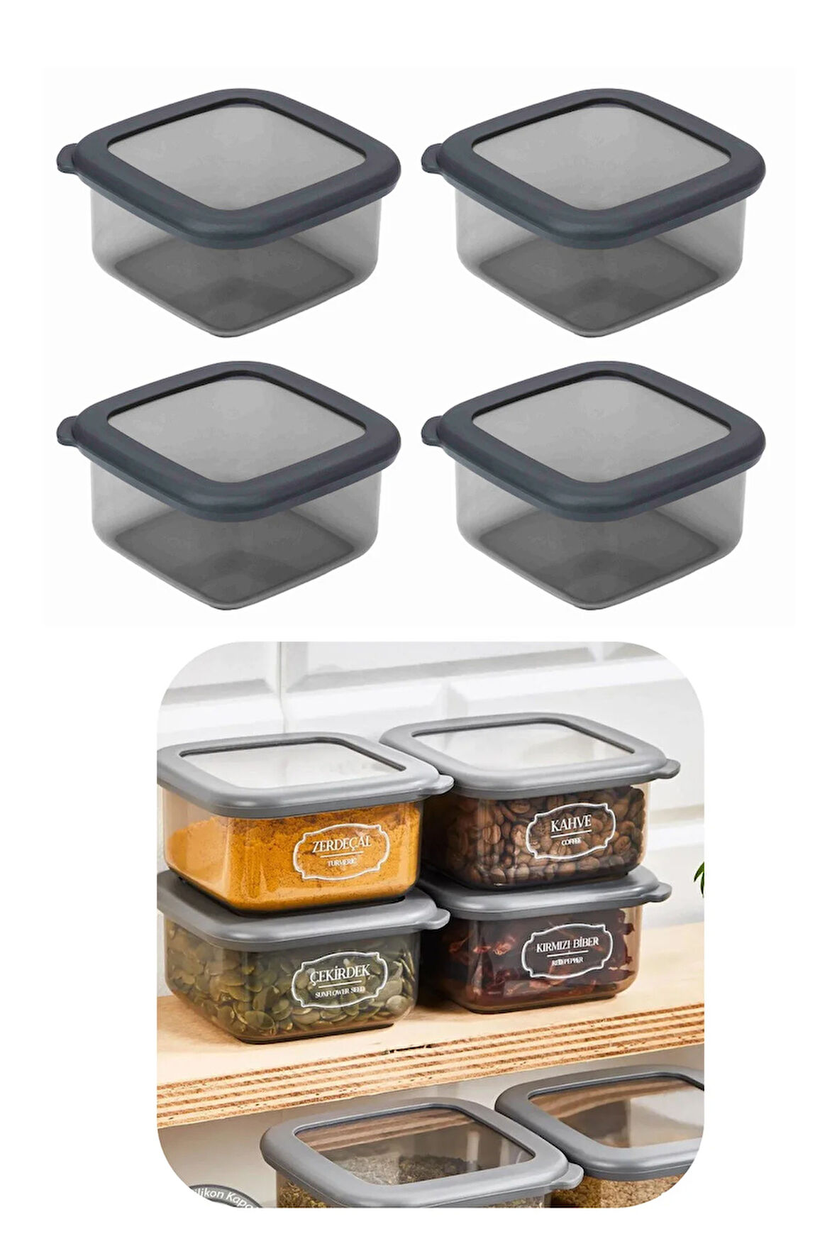 400 ml Gri Kare Saklama Kabı Silikon Kapak Hava Geçirmez Kuru Baklagil Kahve Bakliyat Makarna Kutu