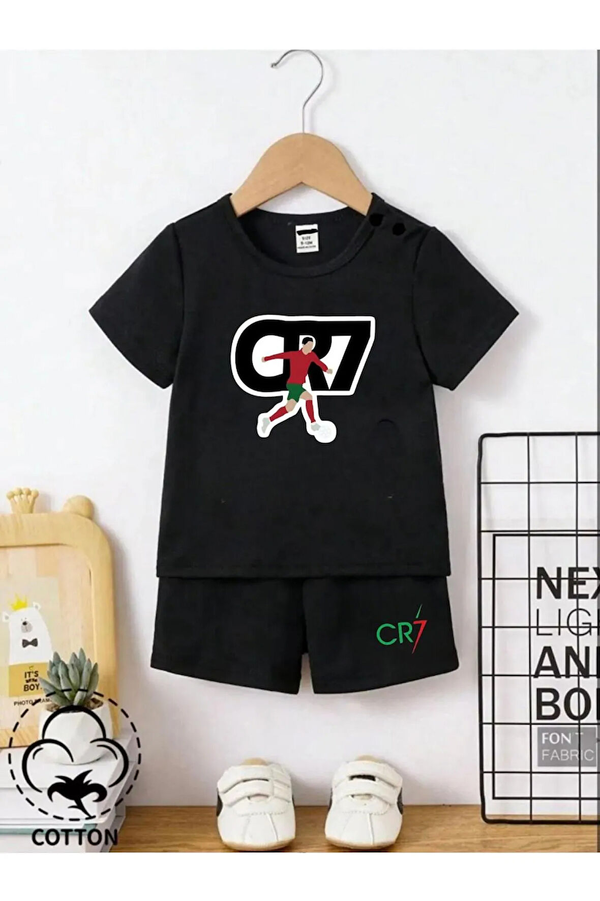 Unisex Çocuk Tasarım Cr7 Ronaldo Baskılı %100 Pamuk T-Shirt Şort Alt Üst Takım
