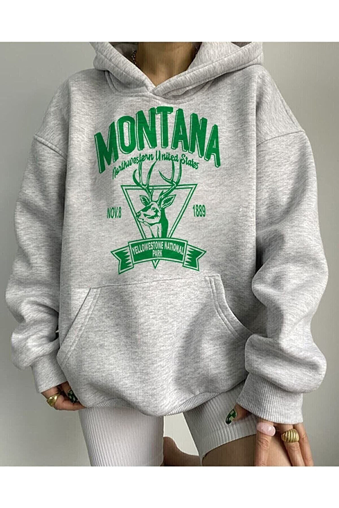 Cep Üstünde Kedi Baskılı Kapüşönlü Sweatshirt