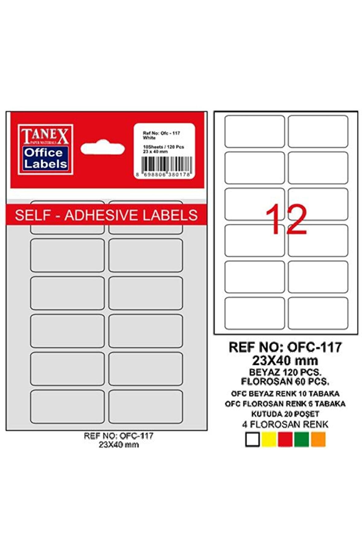 Tanex Ofis Etiketi Poşetli 23x40 Mm Beyaz Ofc-117 (10 LU PAKET)