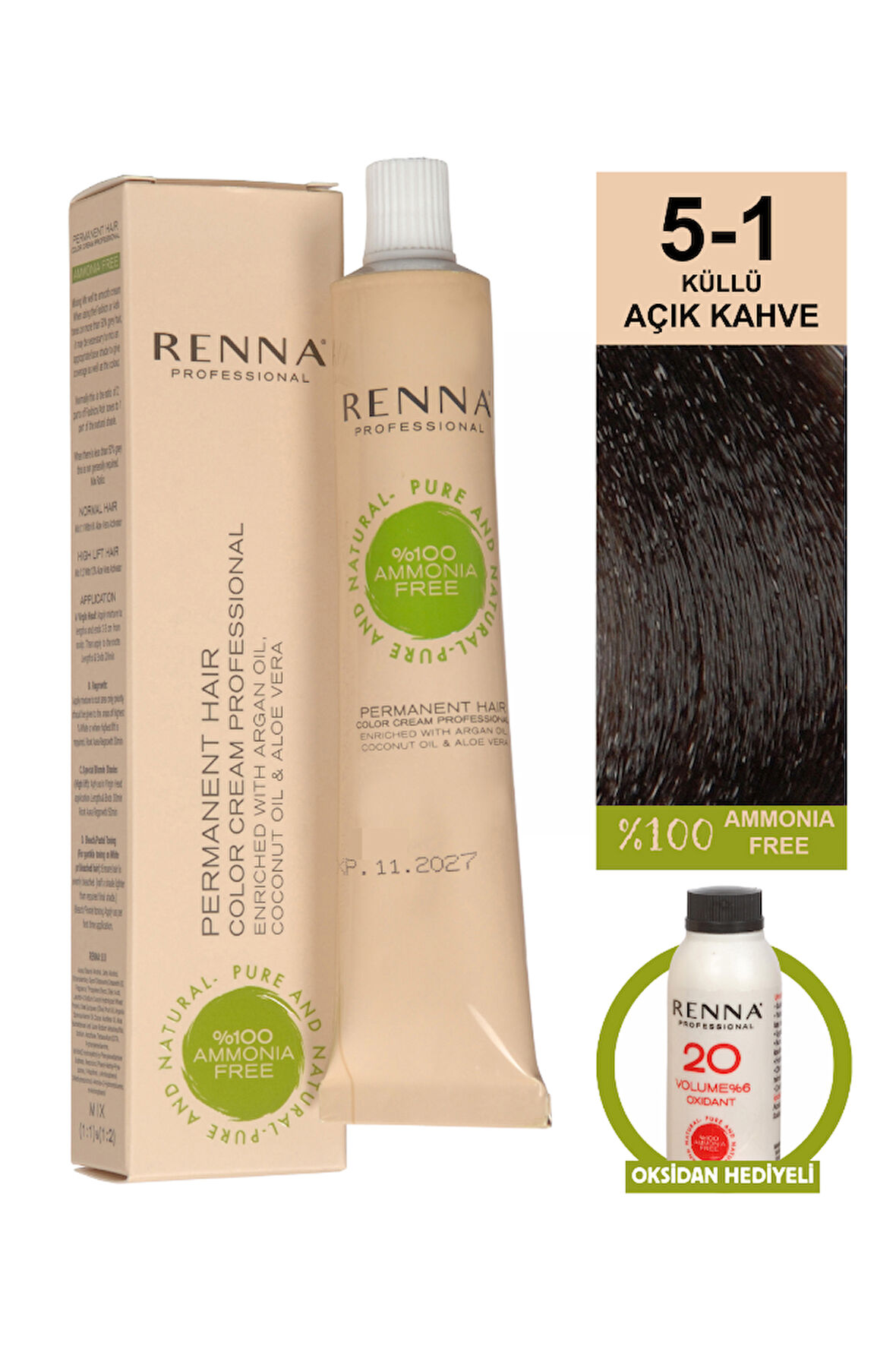 Renna Bitkisel Amonyaksız Saç Boyası 60 Ml 5-1 Küllü Açık Kahve Oksidan Hediyeli