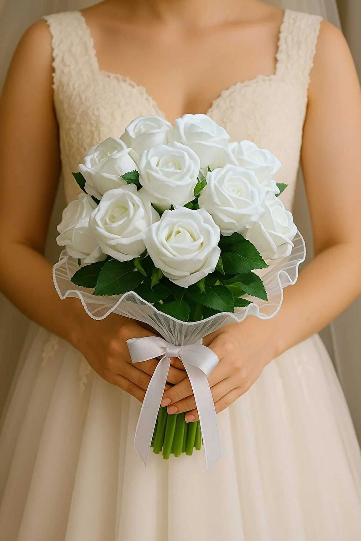 Tüllü Lale Gelin Buketi 15 adet yapay gül