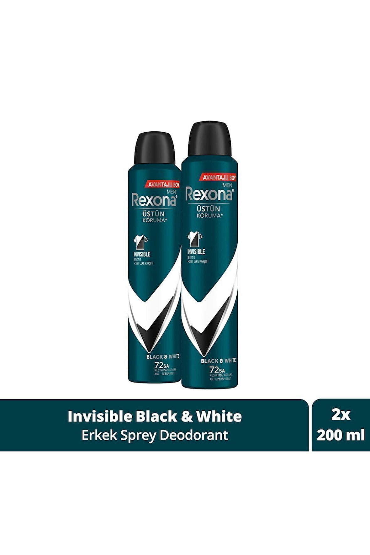 Rexona Men Invisible Black & White 72 Saat Erkek Sprey Deodorant 2 x 200 ML