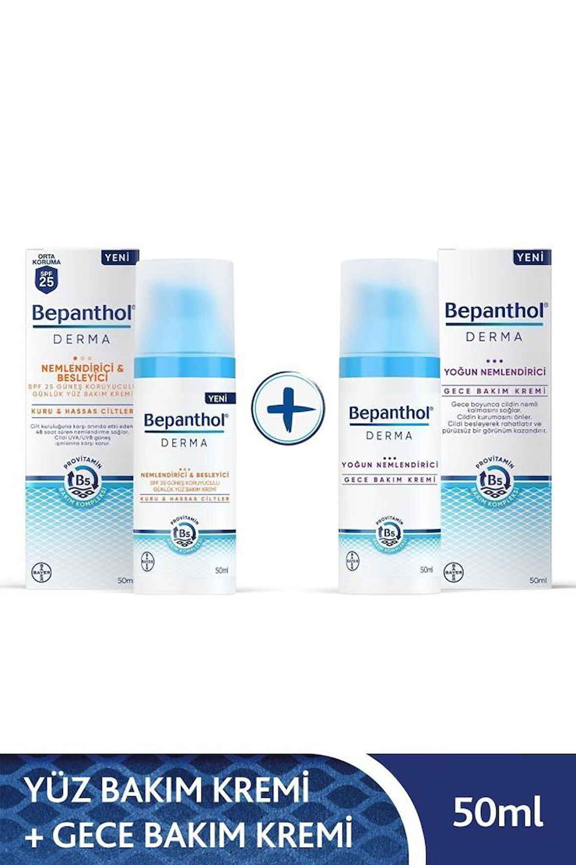 Bepanthol Derma Nemlendirici & Besleyici Spf 25 Günlük Yüz Kremi 50ml + Derma Yoğun Nemlendirici Gece Kremi 50ml