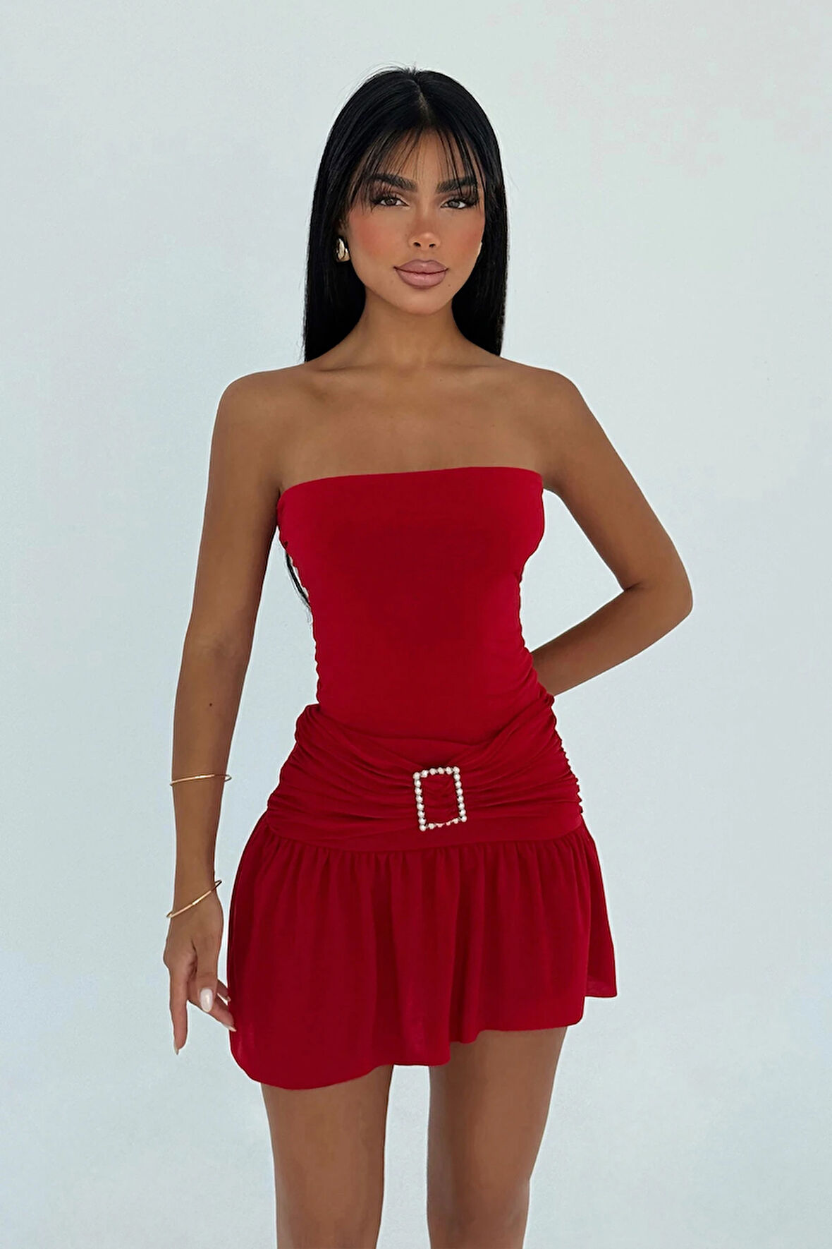 Kırmızı Jody Mini Taş Aksesuarlı Elbise ATE-3115