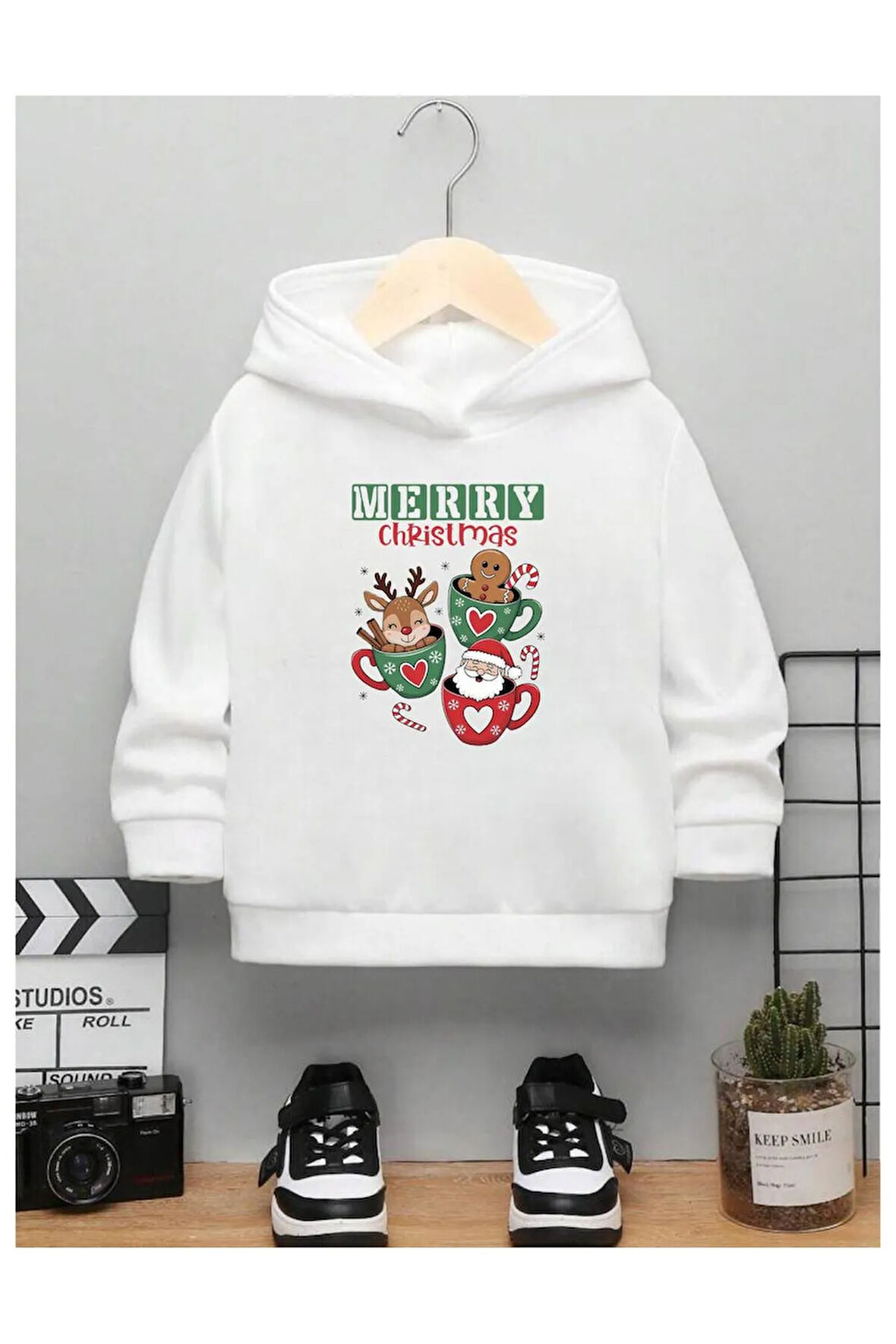Çocuk Tasarım Merry Yılbaşı Geyik Baskılı Kapüşonlu Sweatshirt Pamuklu