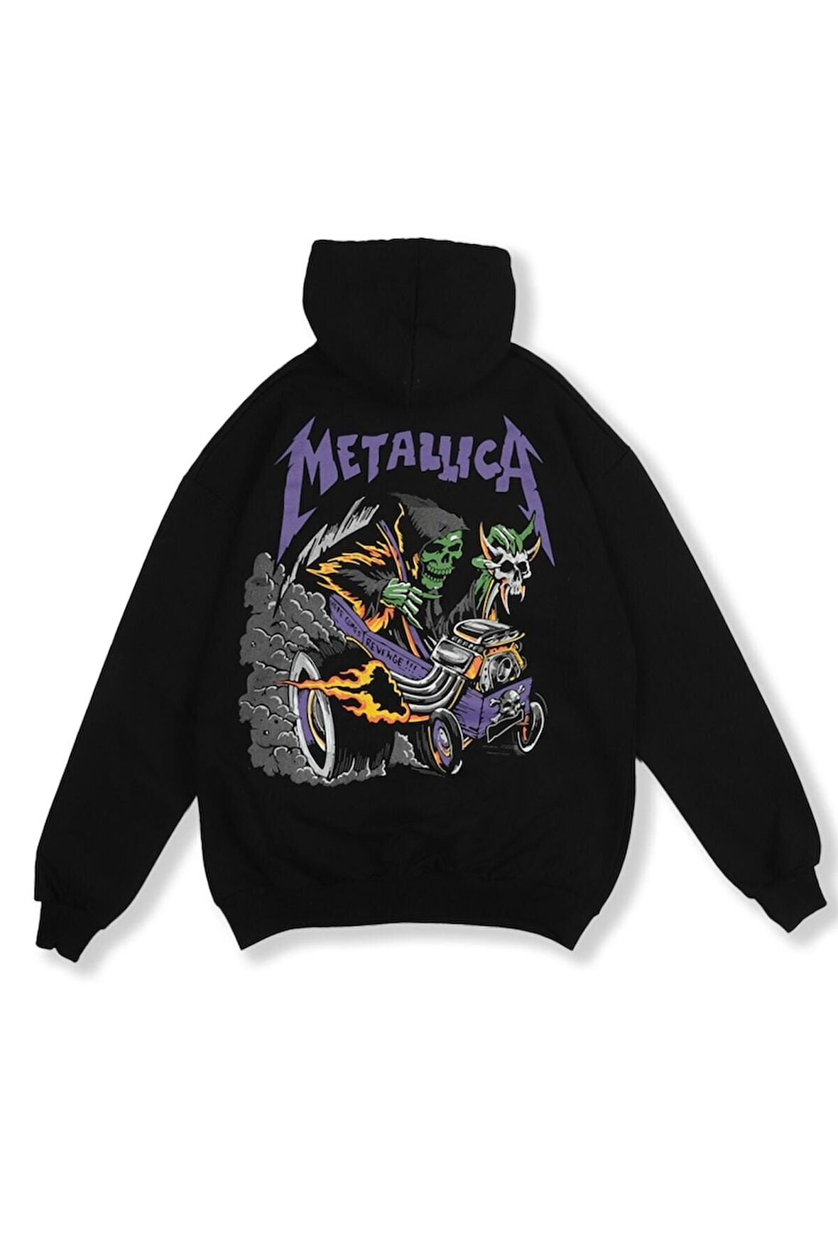 Metallica Mor Baskılı Siyah Oversize Kapüşonlu Sweatshirt