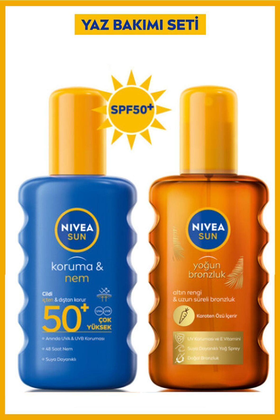 SUN Güneş Koruyucu Nemlendirici Vücut Spreyi SPF50 200ml, Karoten Bronzlaştırıcı Güneş Yağı 200ml