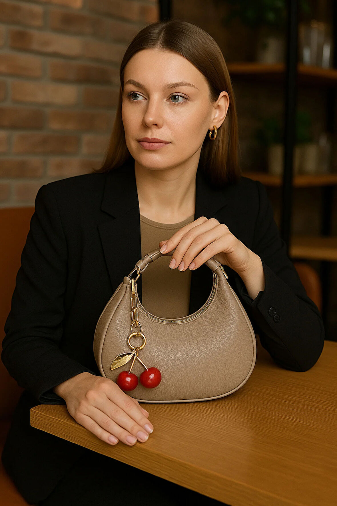 Kiraz Charm Detaylı Omuz Çantası Mini Şık Model